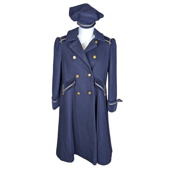 Vintage Wool Double-Breasted Nautical Theme Kids Peacoat with Hat Navy Blue L - Picture 1 of 16
